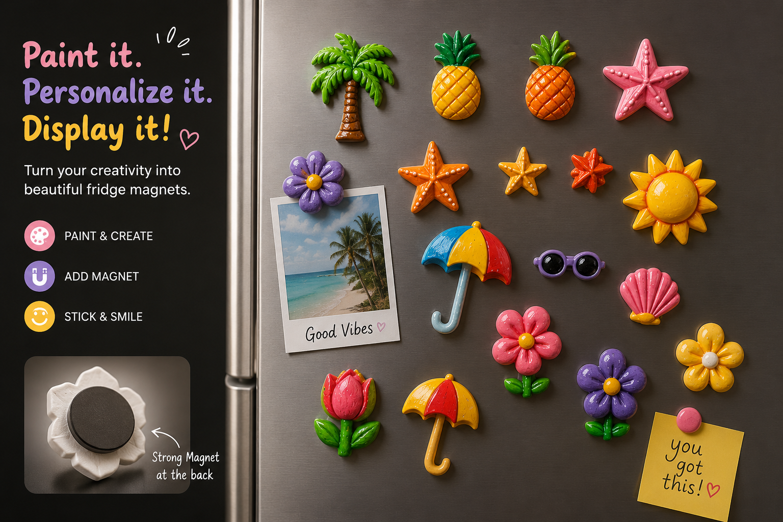 Charmly DIY fridge magnets — palm tree, pineapple, flowers, umbrella, starfish painted in bright colors