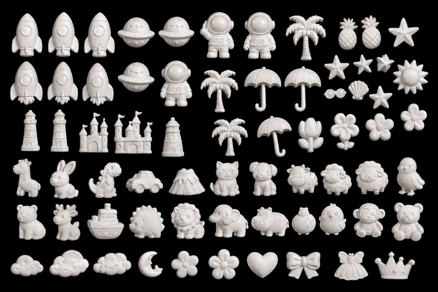 Blank, unpainted Charmly figurines waiting to be painted